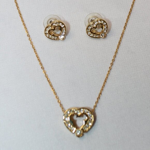 Disney Mickey Mouse Golden and White Crystal Heart Necklace and Earrings - Picture 1 of 16